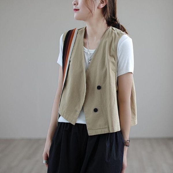 women's vests 2021 summer woman solid color cotton linen two buckle waistcoat korean fashion loose casual female short vest jacket aq98, Black;white